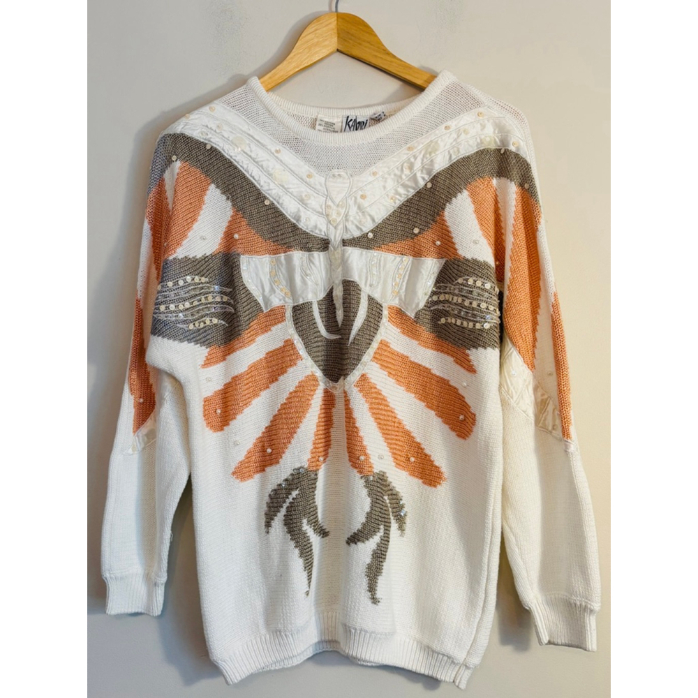 KABRI White Orange Multi Media Knit Sweater Womens Medium 80s Retro